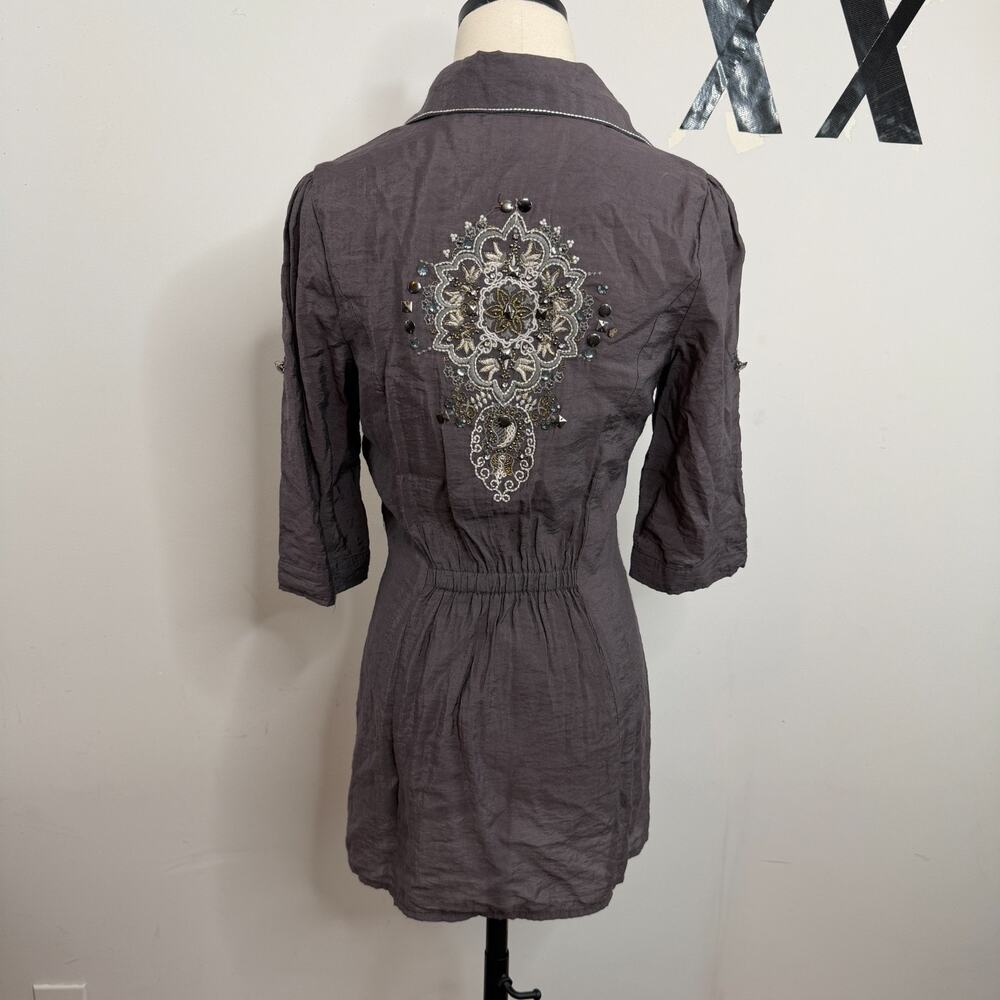 Y2K BKE Gray Gold Embroidered Back Sequin Rhinestone Flare Sleeve Tunic Top M